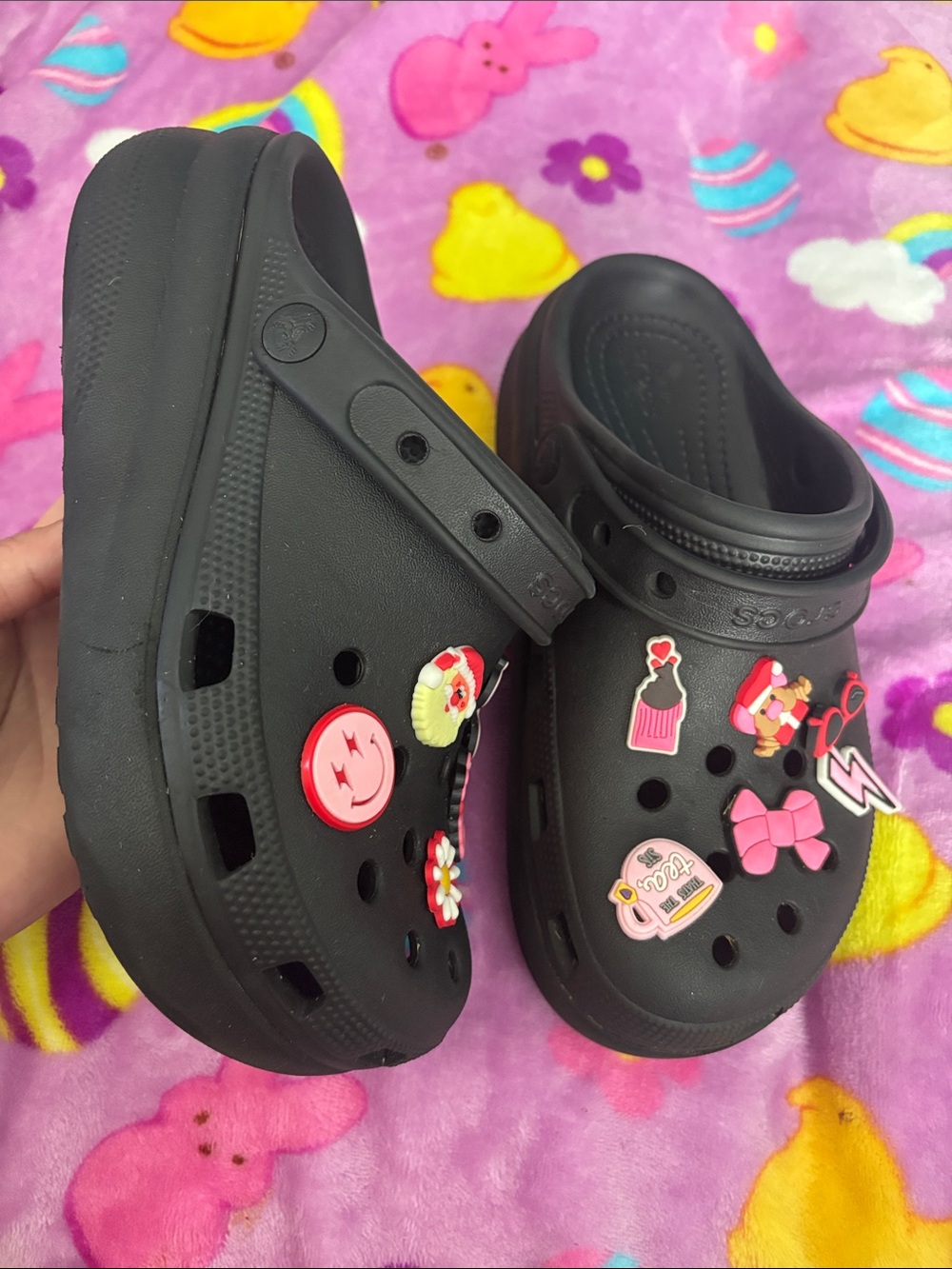 CROCS Black Kids Clogs with Pink and Red Charms